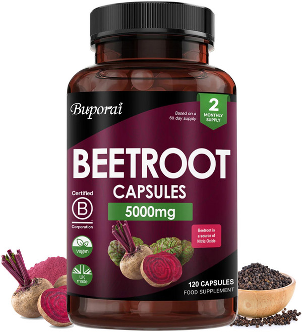비트루트 캡슐 - 1회 제공량당 5100mg의 강력한 효과 + 검은 후추, 1개, 60정