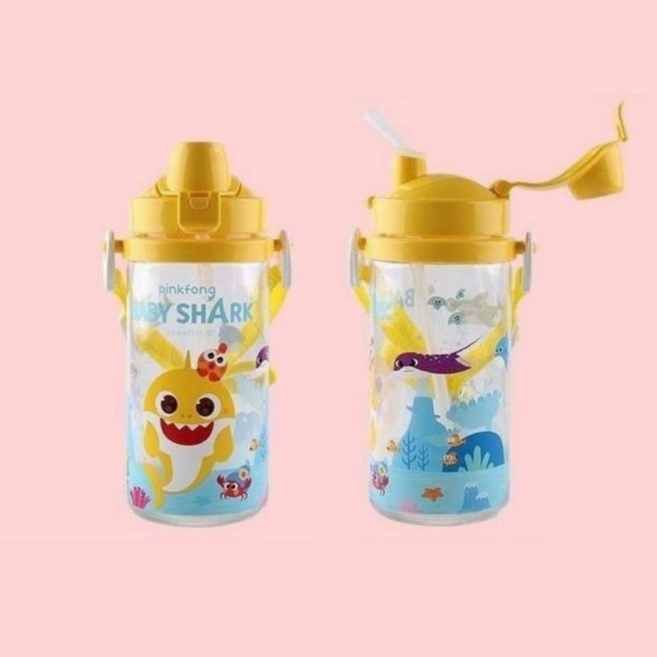 아기상어 끈 빨대물통 유아 물병 어린이집 빨대컵, 2개, 350ml