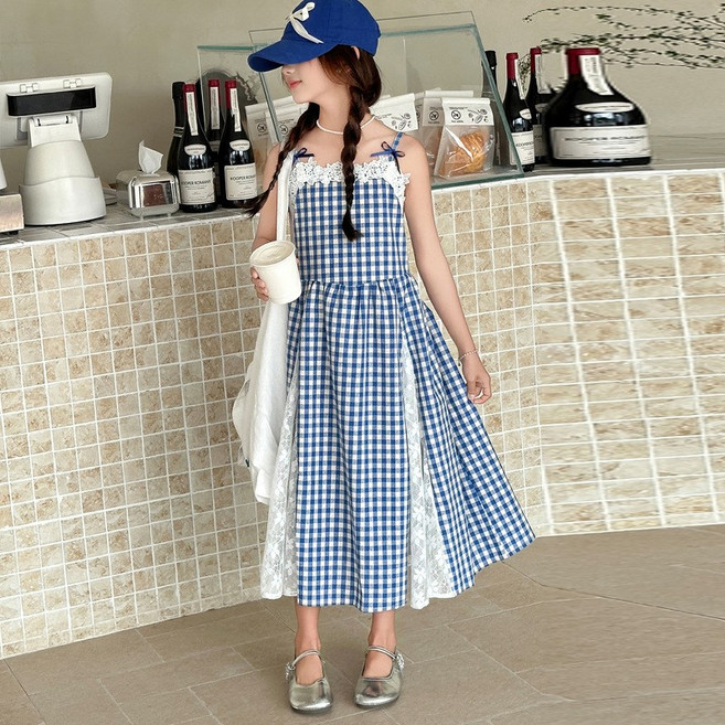 슈가푸딩 주니어 플라워망사 블루체크원피스 초등학생 중학생 주니어롱원피스 주니어체크원피스 여름신상 여아여름원피스 외출룩 학원룩 데일리룩