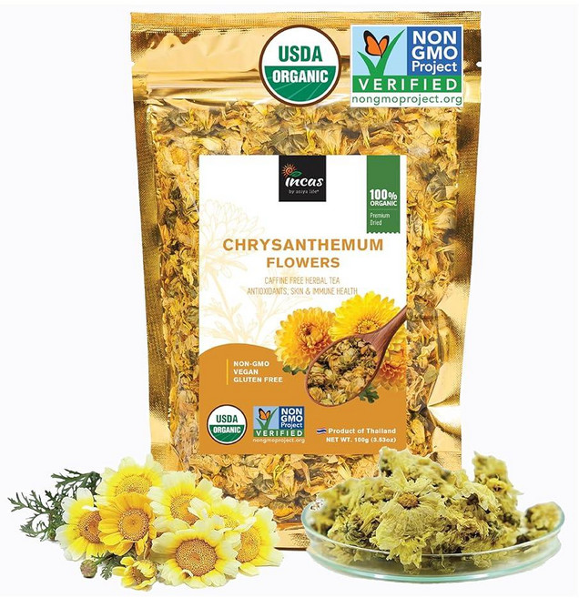 INCAS 100% USDA 유기농 국화차 100g(3.53온스) GMO 프리 인증 말린 꽃 카페인 프리 글루텐 프리 비건 풍부한 항산화 물질 태국산, INCAS 100% USDA 유기농 국화차 100g 3, 100g, 1개, 1개, 100g