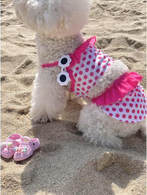 강아지 비키니 수영복 땡땡이 여름 래쉬가드 개쉬가드, 핫핑크