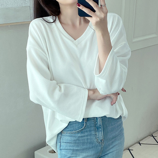 [오버나인] 여성 브이넥 박스 오버핏 링클프리 티셔츠