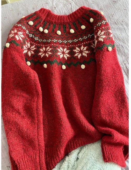 여성 크리스마스 니트 스웨터 루즈핏 라운드 상의 레깅스 캐주얼 풀오버 이너 니트티 기질 자카드 크리스마스 니트 스웨터 LYQ