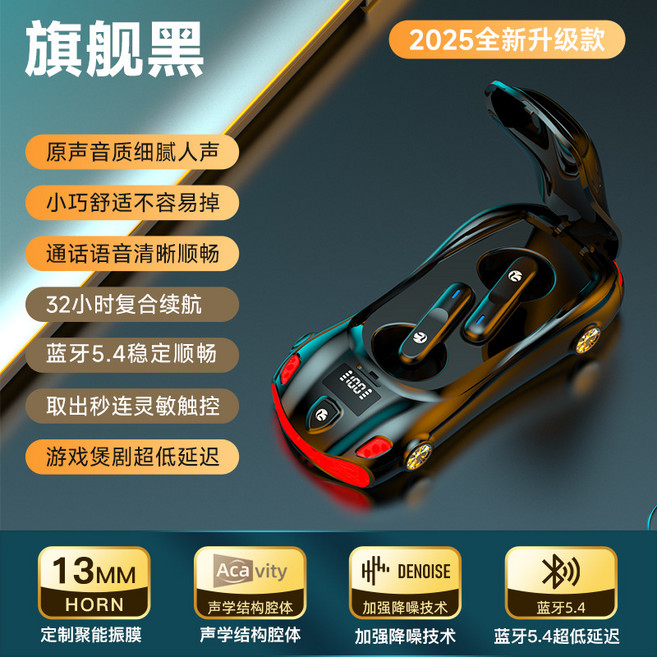 迷你TWS無線藍芽耳機 跑車造型 藍牙5.4 32小時續航 遊戲煲劇超低延遲, 黑色, 如圖