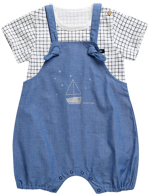 그린베베 국내생산 여름용 체스멜빵 반팔 상하복 2종세트