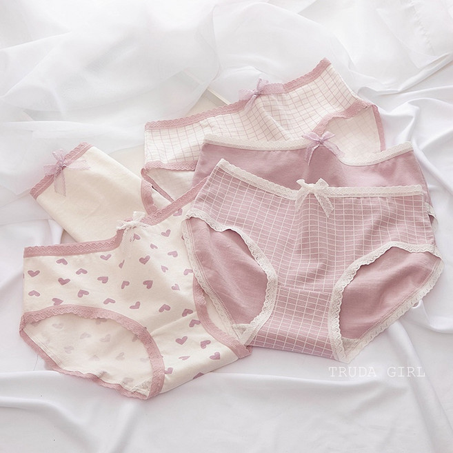 TRUDA GIRL 日系棉質女用三角內褲 五入組 可愛圖案, 香芋紫愛心(5入)