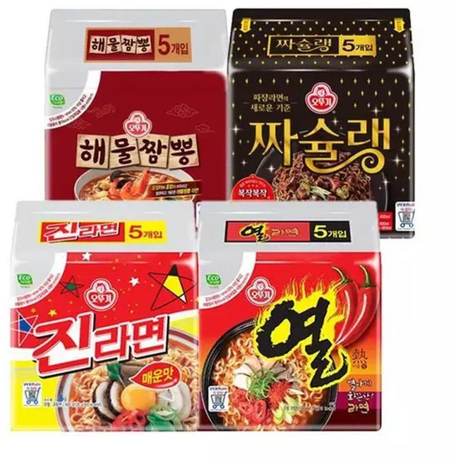 오뚜기진라면 5입 + 열라면 5입 + 짜슐랭 5입 + 해물짬뽕 5입35949388, 20개, 120g