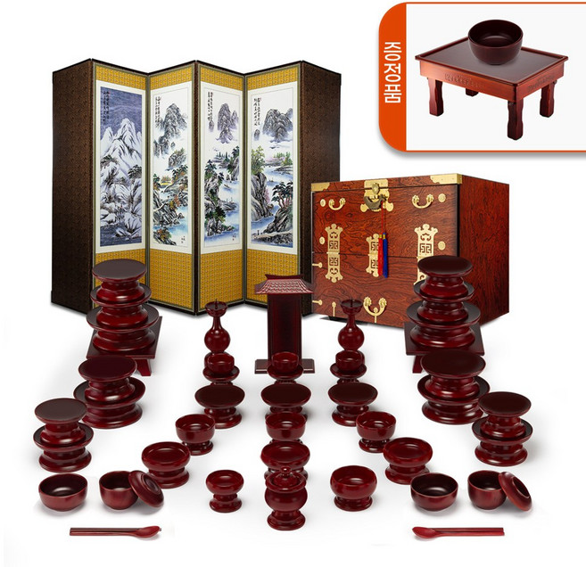 남원 춘향골 남영공예 오리목제기 + 제기함(증정-향로상+퇴주그릇)+추사산수화6폭병풍, 1개, 남원 춘향골 남영공예 오리목제기 47+제기함(증정-향로상+퇴주그릇)+추사산수화6폭병풍