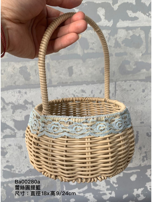 編織籃子 手提插花藤編花童小籃子 純手工編筐 野餐水果籃 花籃, 1個, 蕾絲圓提籃