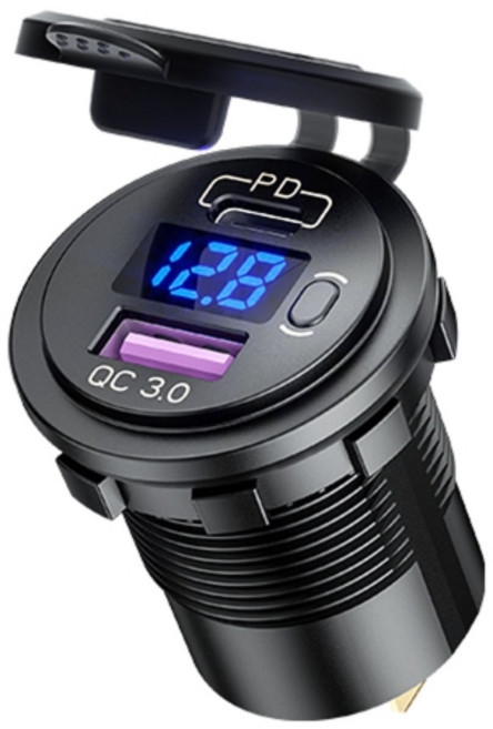방수 12V 듀얼 QC3.0 USB 유형 C PD 차량 충전기 휴대 전화 GPS 트럭 SUV 보트 전압계 스위치, 파란색