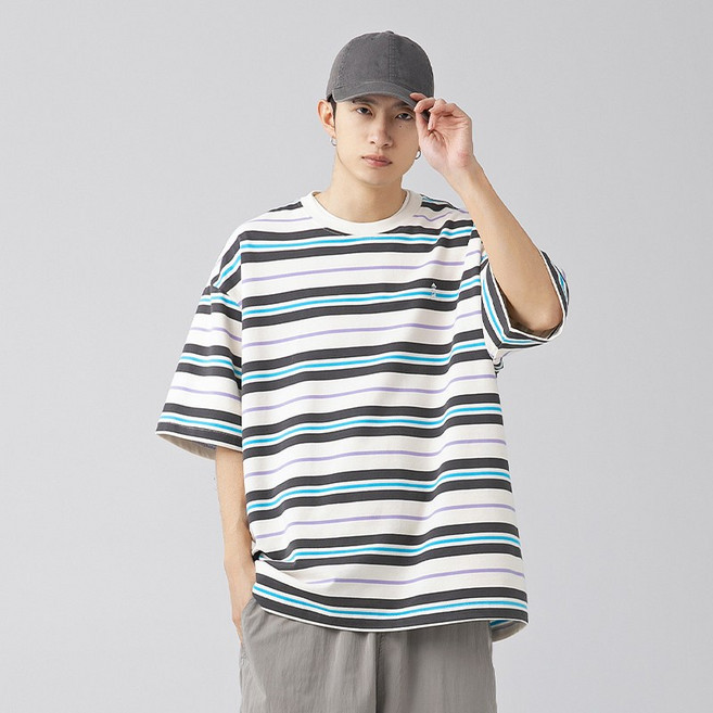 HANYO 남녀공용 스트릿 빈티지 배색 스트라이프 루즈핏 반팔티