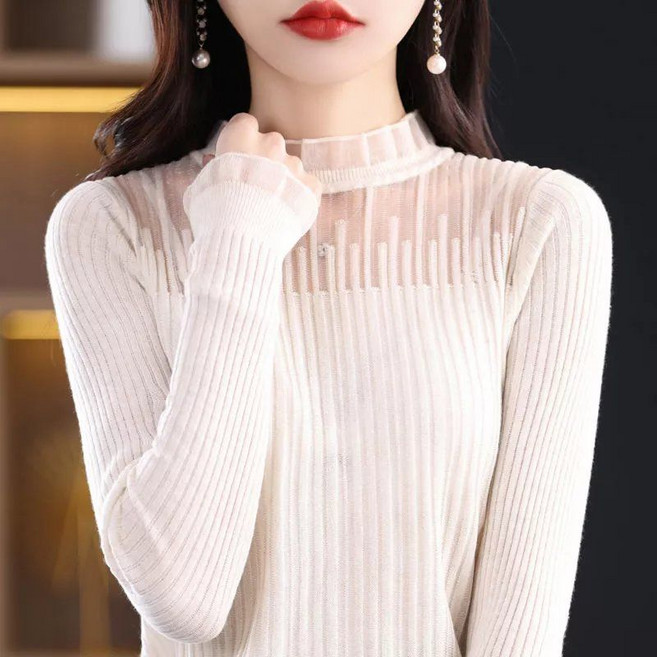 Neirny 중년여성 반폴라 레이스 티셔츠 봄가을 간절기 데일리 펀칭 니트 레깅스 기질 슬림핏 풀오버 이너 스웨터