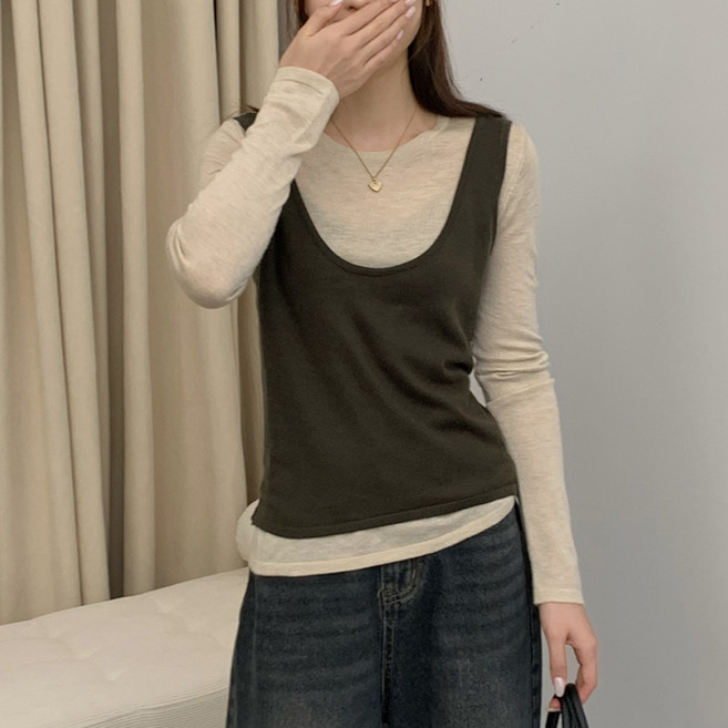 레이어드 긴팔 티셔츠 + 뷔스티에 나시 세트 투피스 여성 데일리 무지 니트