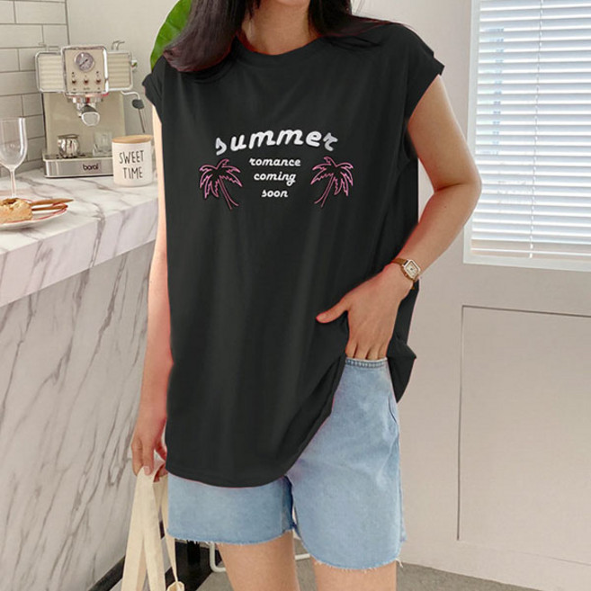 오버나인 여성 캐주얼 야자수 민소매 나시티