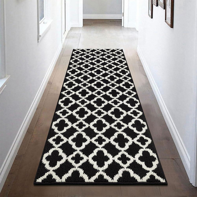 U'Artlines Washable Hallway Runner Rug 2x6' Non-Slip Basketweave Geometric Kitchen Runner Low Pr, 블랙&화이트