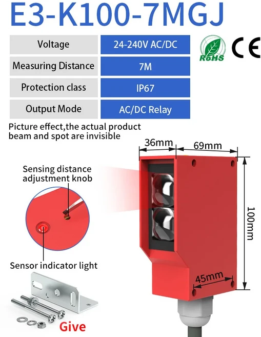 GTRIC 사각 광전 센서 적외선 스위치 확산 IP67 완벽방수 24-220V AC 공용 7m 거리, 10) 5wire AC DC 24240V