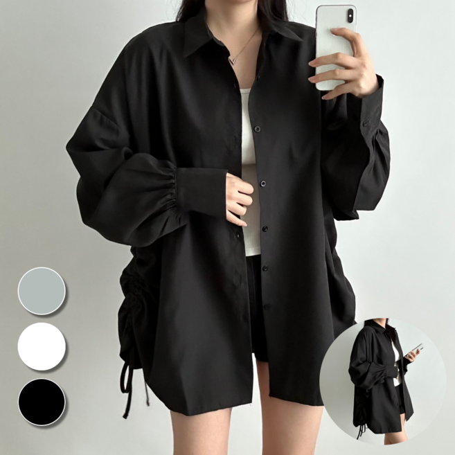 핏몬 여성 빅사이즈 루즈핏 블라우스 셔링 박시 롱 셔츠 55~99