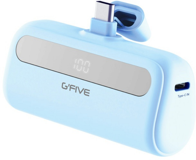 G-FIVE 5000mAh 直插式行動電源 Type-C快充口袋行動電源 LED電量顯示 迷你膠囊設計 適用iPhone 15 16 三星 安卓 可登機 正版台灣公司貨, 藍色