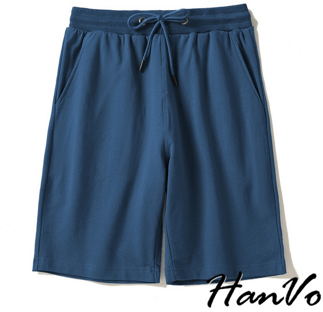 HanVo 男女適穿 純棉寬鬆五分短褲 鬆緊抽繩休閒百搭 A03-2116
