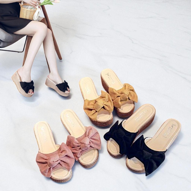 여성 통굽 7cm 키높이 슬리퍼 예쁜 왕리본 여름 샌들 실내외화