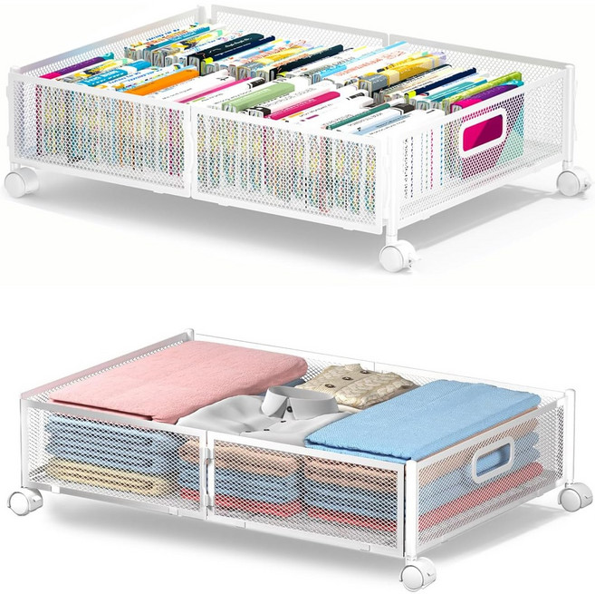바퀴가 달린 접이식 침대 밑 수납함, 2개, 하얀색