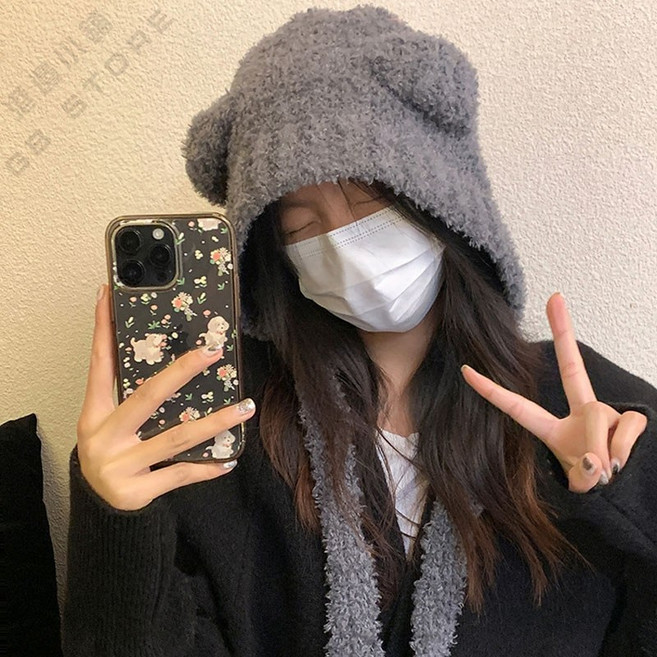 可愛小熊造型連帽圍脖 - 冬季保暖防風圍巾帽