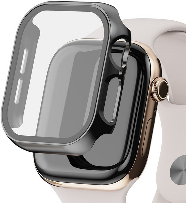 굿밸류 애플워치 풀커버 강화유리 액정보호 케이스, 블랙, 1개