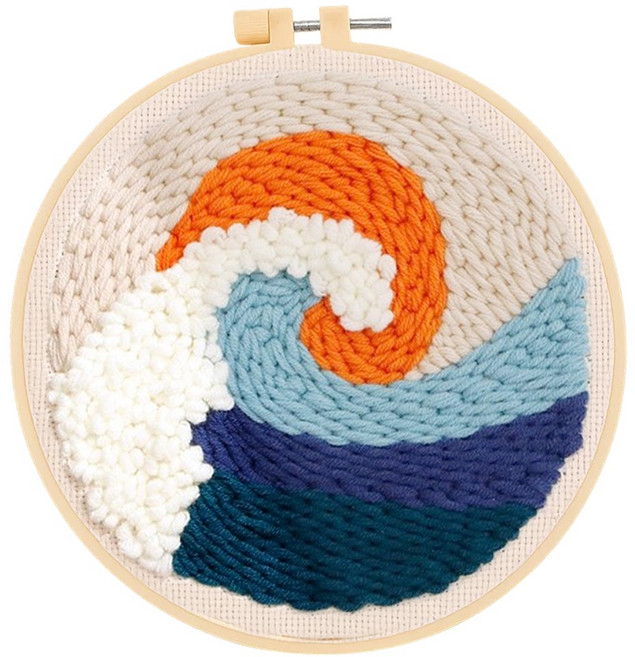 투데이리빙 DIY 펀치 니들 자수 세트 초보자 힐링 취미 뜨개질 만들기 감성 털실 펀칭 공예 십자수 키트 귀여운 원형 소품 액자 프레임, 부서지는파도, 1세트