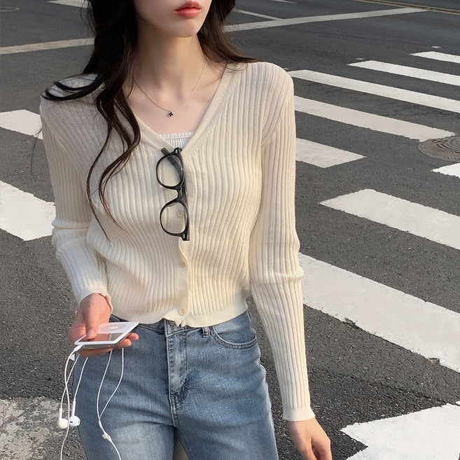 세븐에이프릴 여성용 골지 브이넥 니트 가디건