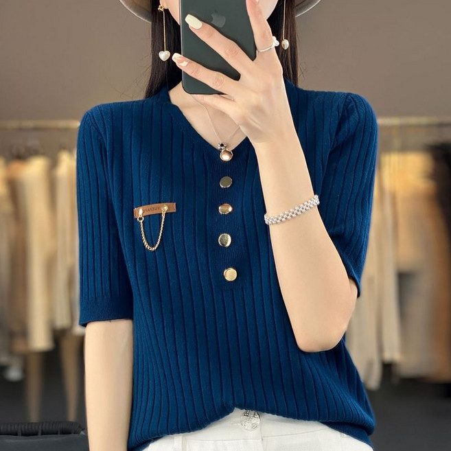 패션 여자 반팔 니트티 심플 루즈핏 5부 소매 얇은 니트 반팔티 여름 여성 반팔 티셔츠 YSQ