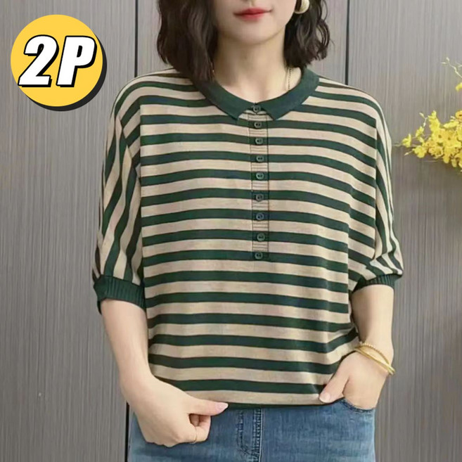 2장세트 여성 버튼 줄무늬 반팔티 여름 루즈핏 스트라이프 5부소매 티셔츠 40대 50대