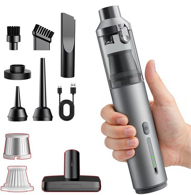 Zaxnouvi 무선 차량용 청소기 16000Pa 초강력 4in1 휴대용 미니 핸디 진공 청소기 7종 노즐 세트 + 필터 2개 포함, 블랙 그레이, VAC103-1
