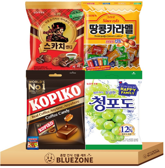 개별포장간식 사탕 캔디 C세트 청포도153g 스카치캔디157g 코피코 커피맛 150g 땅콩카라멜120g 하스25g, 4개, 120g