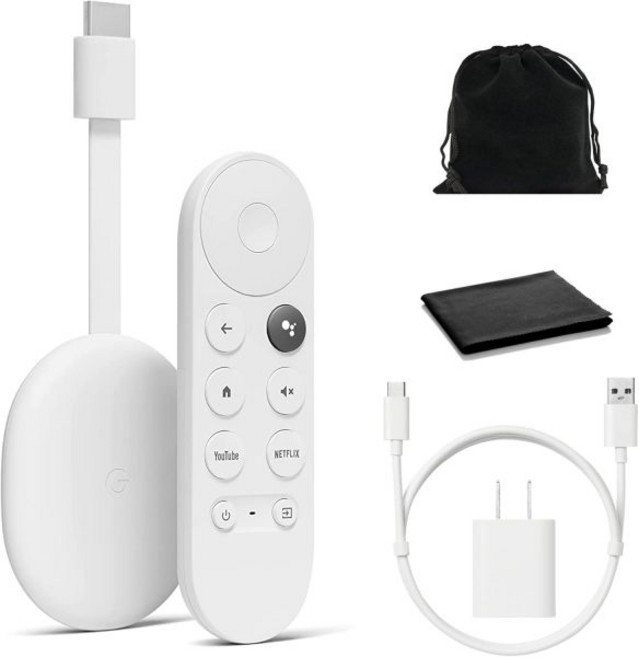 Google 구글 크롬캐스트와 TV 음성 검색을 통한 스트리밍 엔터테인먼트 4K HDR 미디어 플레이어로 영화 프로그램 라이브 시청 파우치 청소포 포함 스노우