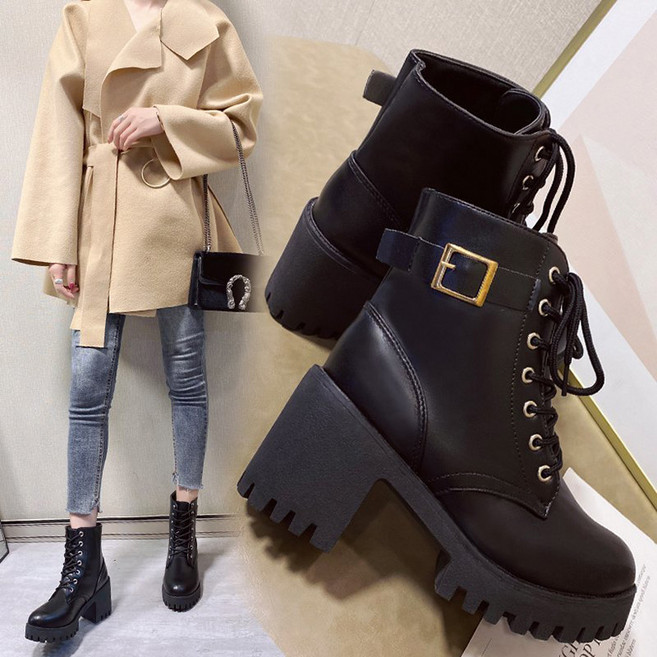 FANSYLI 여성 빅사이즈 워커 가을 겨울 통굽 앵클부츠 패션 캐주얼 키높이 스트랩 가죽 부츠 W2511N10