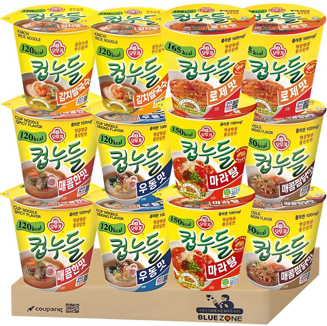 [블루존] 오뚜기 컵누들 6종 12개입 세트(매콤2+우동2+김치쌀국수2+마라탕2+매콤찜닭2+로제2), 1세트