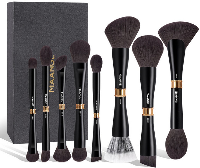 MAANGE 더블엔드 프리미엄 메이크업 브러시 세트 파운데이션 브러시 블러셔 브러시 8피스 세트, 1개, Black