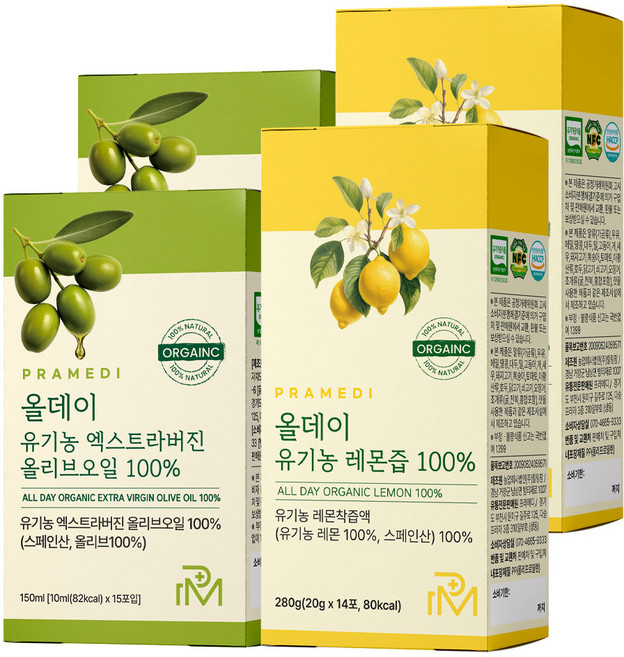 프라메디 올레샷 세트 산도 0.14 프리미엄 유기농 엑스트라버진 올리브오일 + 유기농 레몬즙, 2세트, 15회분