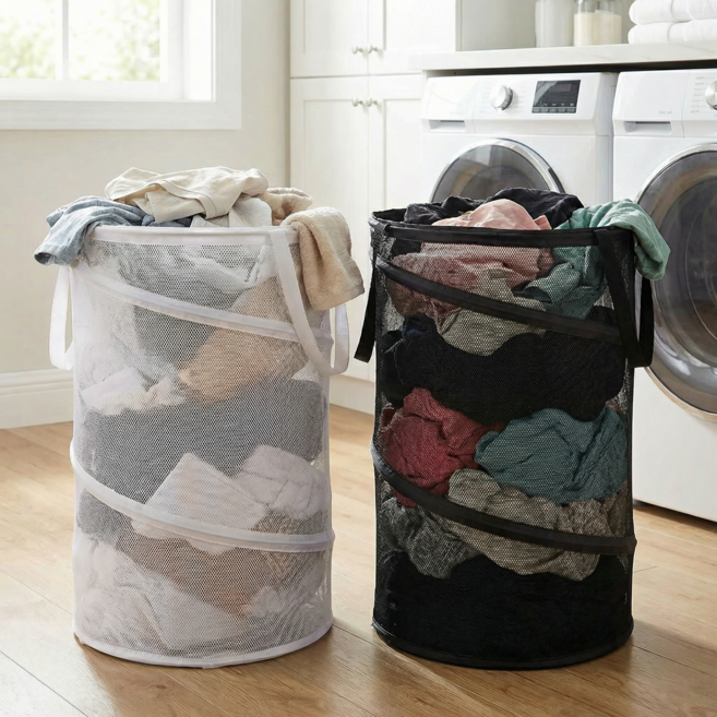 생활연구소 원터치 메쉬 빨래바구니 60L 2개입, 화이트+블랙