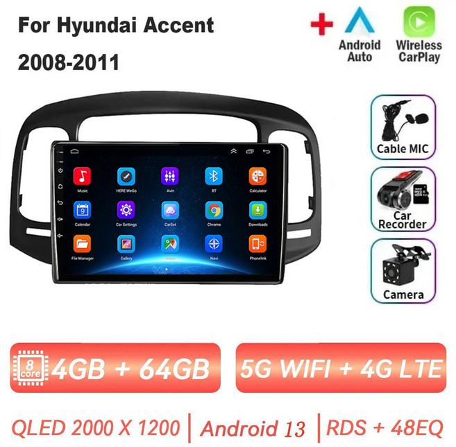 악센트 2008 2009 2010 2011 멀티미디어 비디오 플레이어 자동차 차량용 스테레오 GPS 네비게이션 블루투스 카플레이 안드로이드 13, 4G-64G MCD Carplay, 1개
