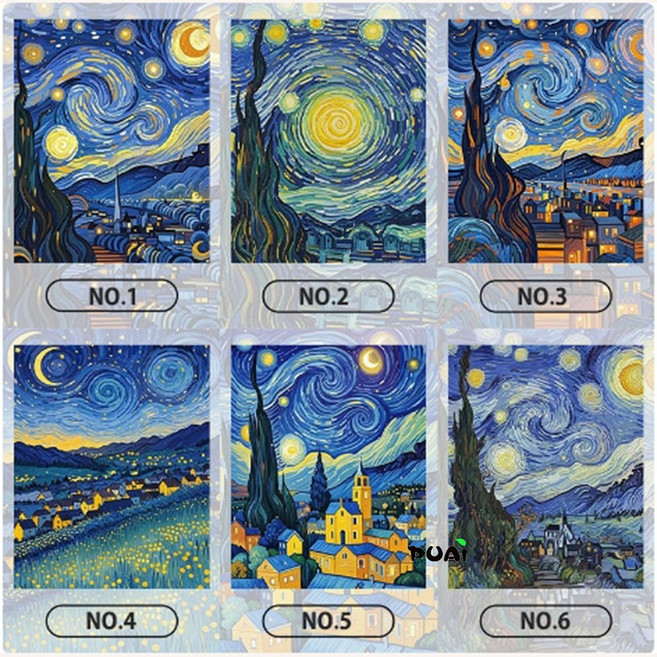 푸아이 실십자수 별하늘 고흐 명화 6종 프린트도안패키지 3D 자수세트 친환경면사 고품격 홈장식, NO.6 친환경면사40x50 3가닥, 1개