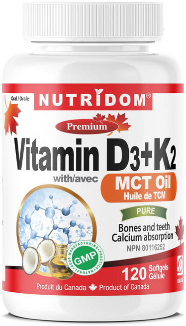 뉴트리돔 비타민 D3 (1000 IU) + K2 (120mcg) MK-7 MCT 오일 함유 캐나다 직구 영양제 카포리아 (120개입 또는 300개입 택일), 1개, 120정