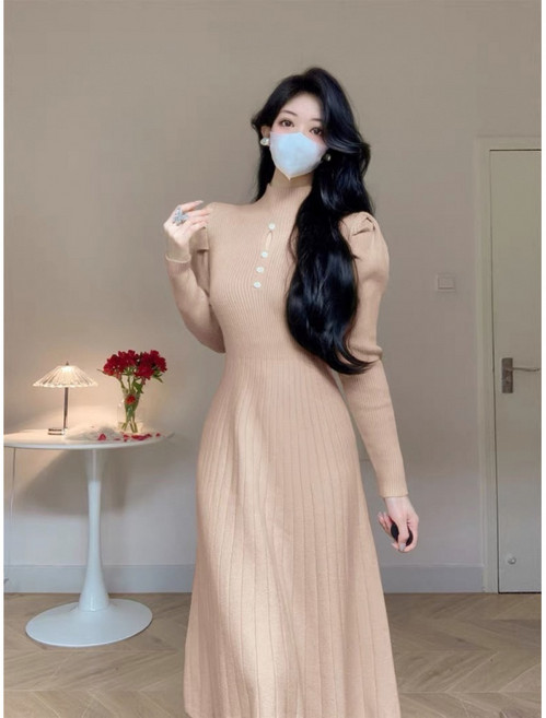 COSYEVNO 여성 원피스 봄 가을 빈티지 패션 반폴라 슬림핏 허리 조임 니트 롱스커트 CXJqz-50