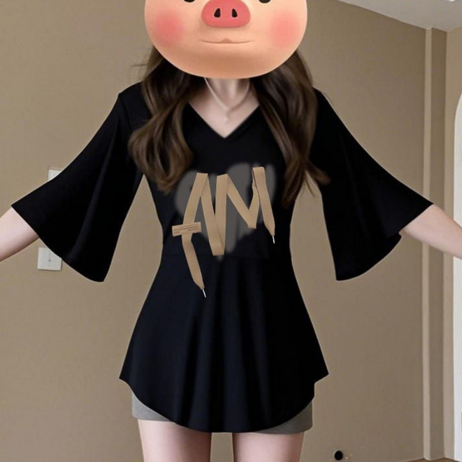 JIEVE 반팔 티셔츠 여성 여름 브이넥 캐주얼 5부 티셔츠 살가림 섹시 Y061932