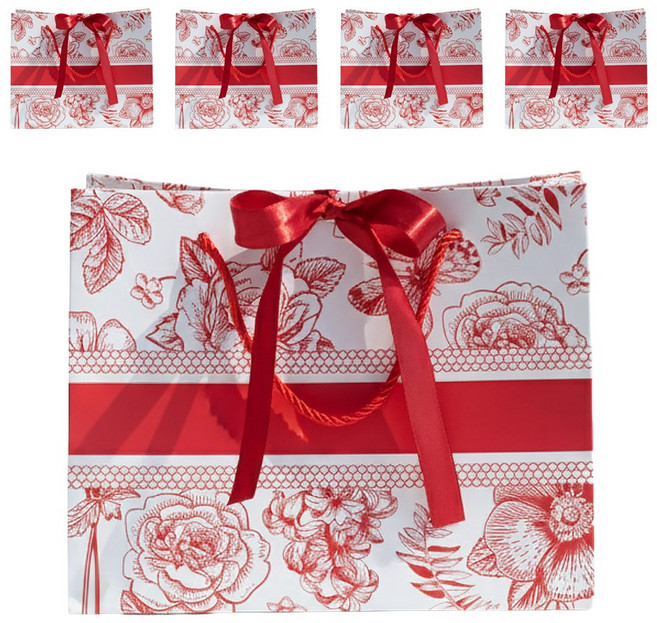 VITALO 플라워 드로잉 쇼핑백 가로형 플라워패턴 웨딩 답례품 선물 쇼핑백 종이가방 5P, 5개, 클래식라인 레드