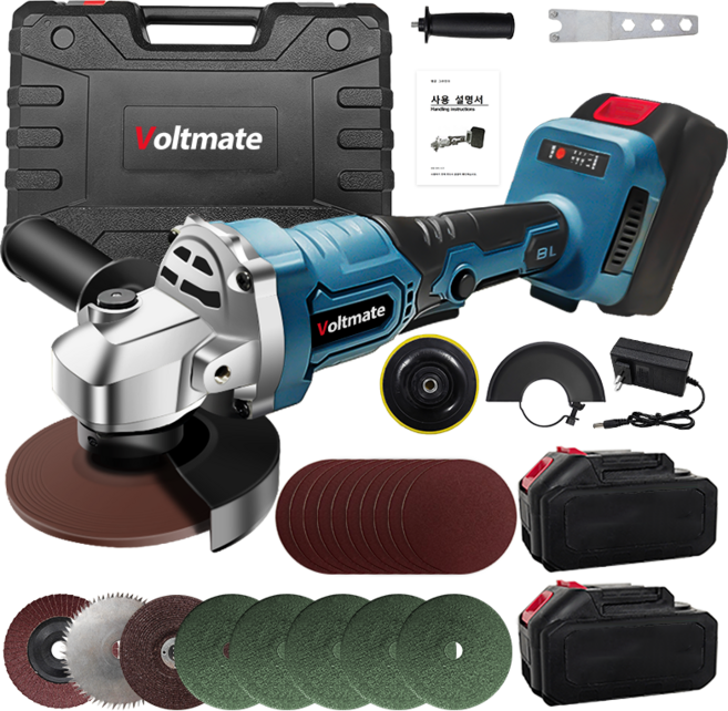 Voltmate BLDC 무선 충전식 전동 브러시리스 그라인더 호환 핸드 3가지 모드 조절 광택기 4000mAh 배터리2개 풀세트, 파란색