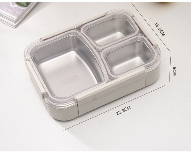 LONGGU 도시락통 밀폐성 좋은 나눔 용기 있는 스텐내담 도시락통, 미백색 3칸, 1개
