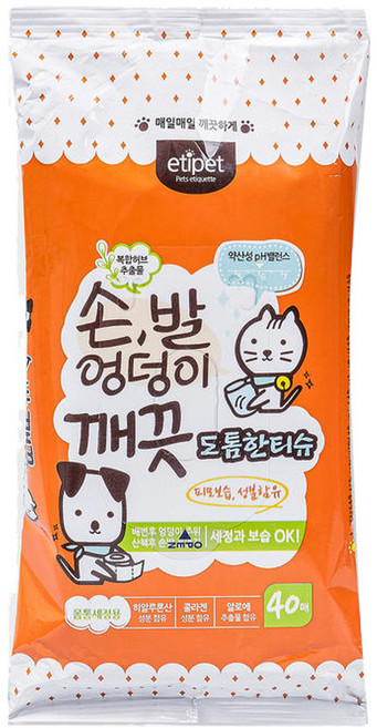 에티펫 손 발 엉덩이 깨끗 도톰한 티슈, 40개입, 5개