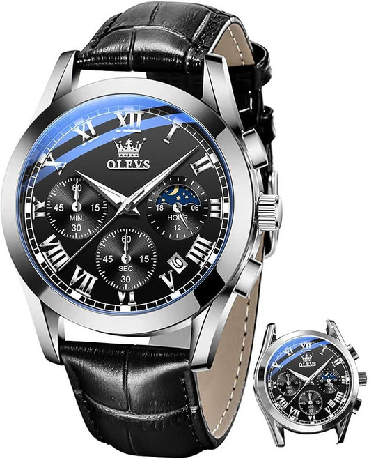 OLEVS 블랙 가죽 남성용 시계 크로노그래프 케이스 아날로그 쿼츠 패션 비즈니스 드레스 대형 페이스 방수 캐주얼 남성 손목 문 페이즈 Reloj para Hombre 1191
