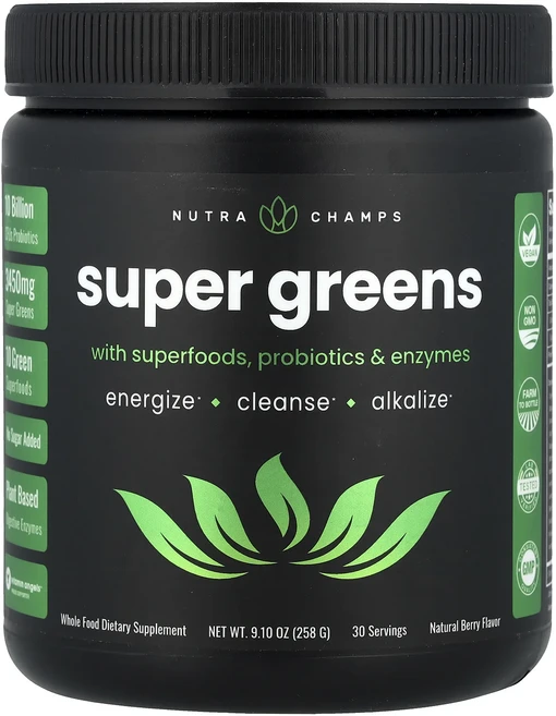 몸관리하세요 겨울입니다 NutraChamps 슈퍼 푸드 프로바이오틱 효소 함유 슈퍼 그린 천연 베리 맛 258g(9.10oz) 특별관리진행, NutraChamps슈퍼푸드프로바이오틱효소함유슈퍼그린천, 258g, 1개 - 쿠팡